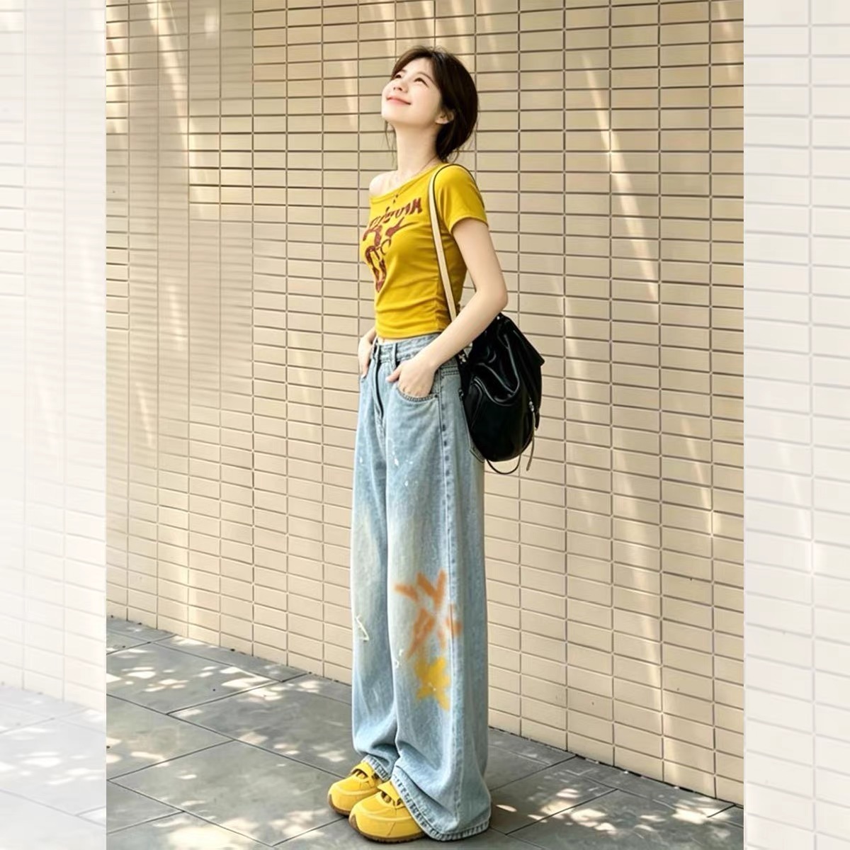 Ginger Yellow Off-Shoulder Printed Slimming Short-Sleeve T-Shirt for Women Summer 2026 Casual Chic Miu-Style Top - Image 4