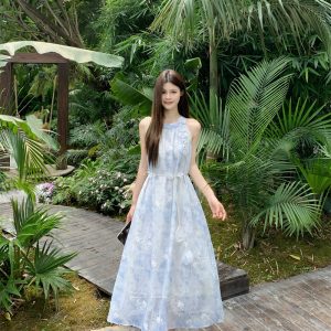 French Blue Vacation Dress 2026 Summer Floral Halter Neck