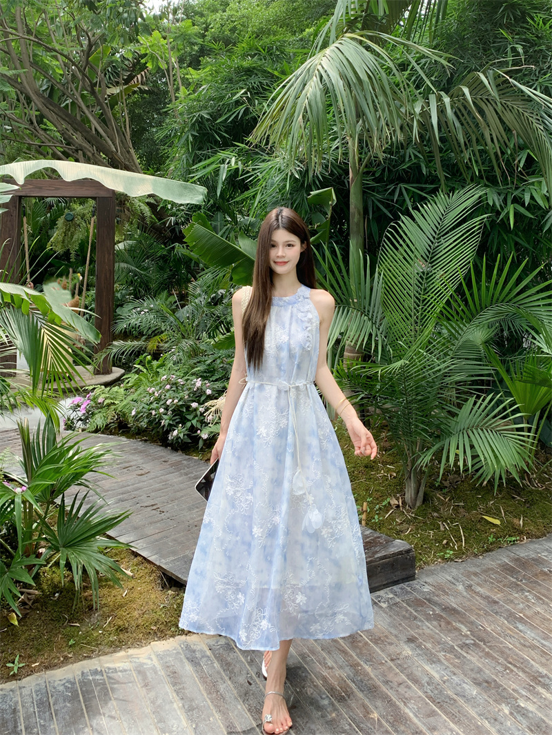 French Blue Vacation Dress 2026 Summer Floral Halter Neck