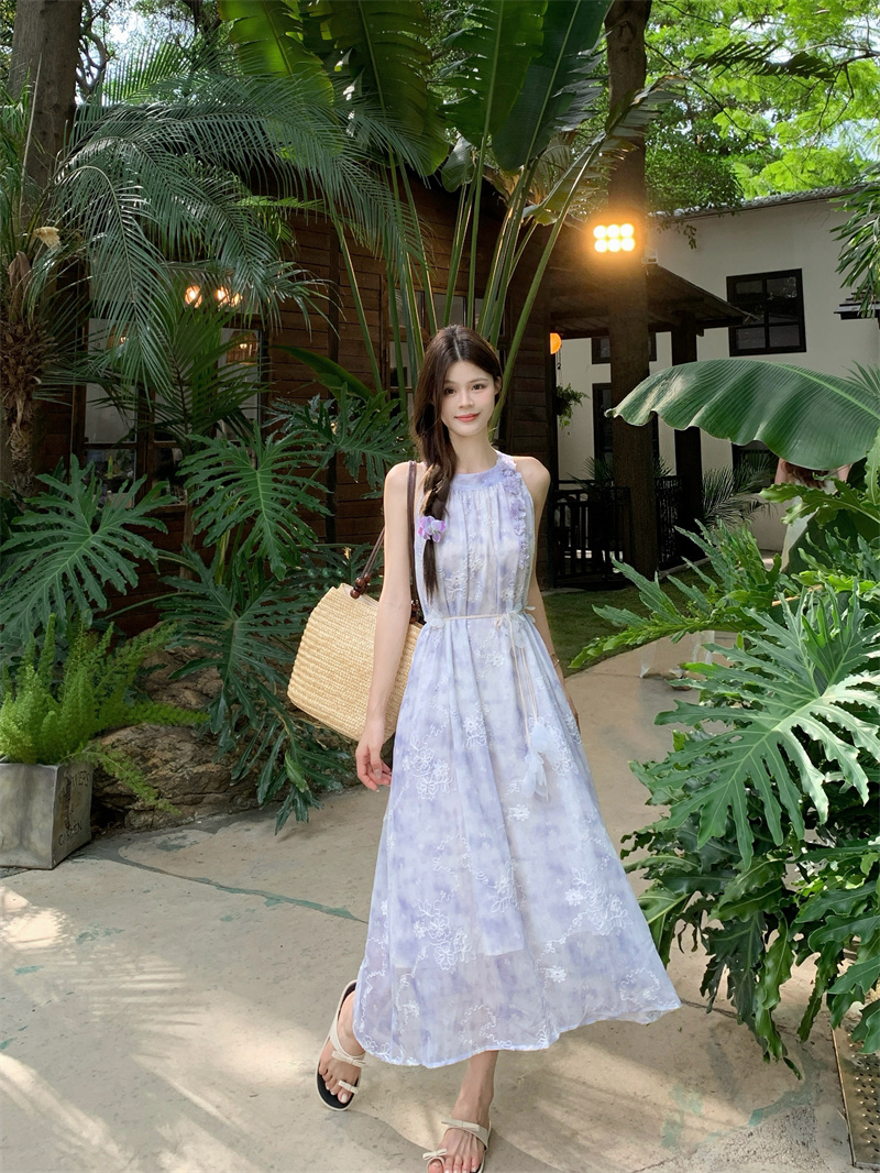 French Blue Vacation Dress 2026 Summer Floral Halter Neck - Image 3