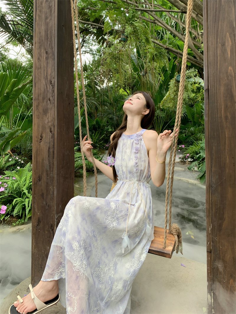 French Blue Vacation Dress 2026 Summer Floral Halter Neck - Image 4