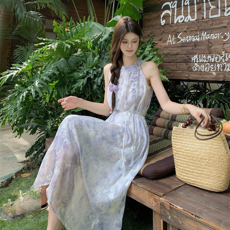 French Blue Vacation Dress 2026 Summer Floral Halter Neck - Image 5