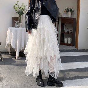 Women's French Lace Trim Asymmetric High Waist A-Line Mesh Maxi Skirt 2026 Fall