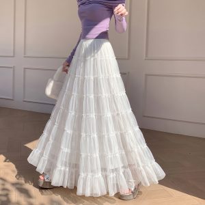 Gentle Mesh Puffy A-Line Tiered Skirt Women 2026 Autumn New Draped Pleated Casual Long Skirt