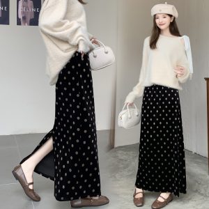 Black Polka Dot Velvet Long Skirt for Women High Waist Straight Split Hem