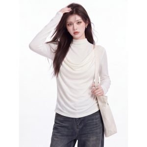 Women's Faux Two-Piece Half Turtleneck Long Sleeve T-Shirt Slim Fit Solid Color Commuter Top