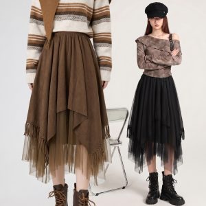 2026 Autumn Irregular Suede Fringe Midi Skirt for Women with Mesh Splicing