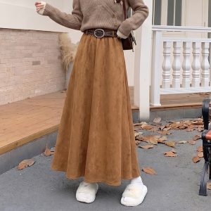 Women's High Waist A-Line Faux Suede Long Skirt Autumn Winter New Solid Color Commute Style