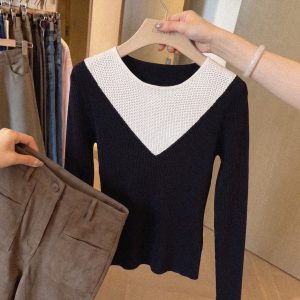 Women's Color-Block Cutout Slim Knit Pullover Sweater 2026 Fall Black Outer Top