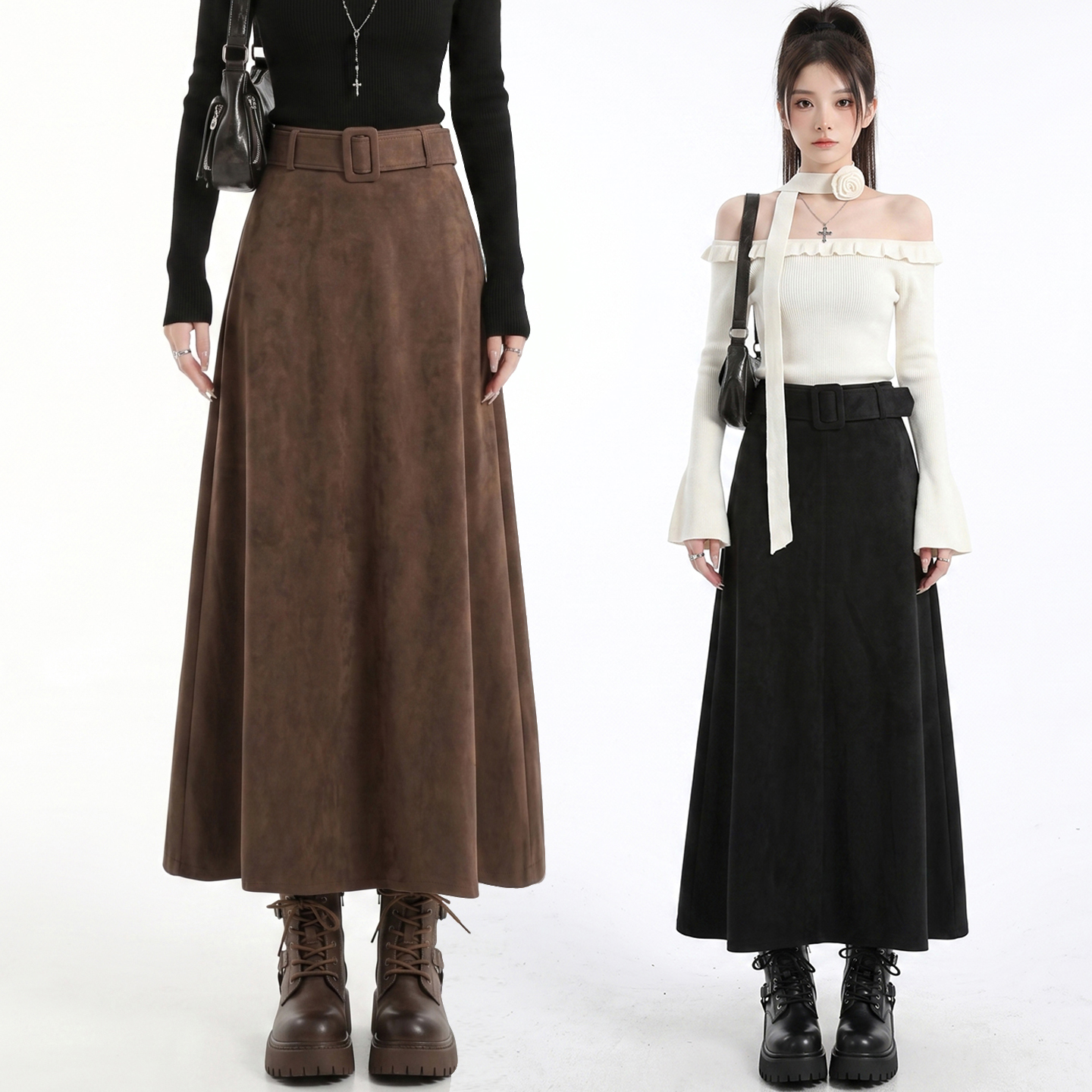 minimalist-high-waist-brown-suede-a-line-midi-skirt-for-women-2026-fall-new-versatile-long-skirt-with-belt