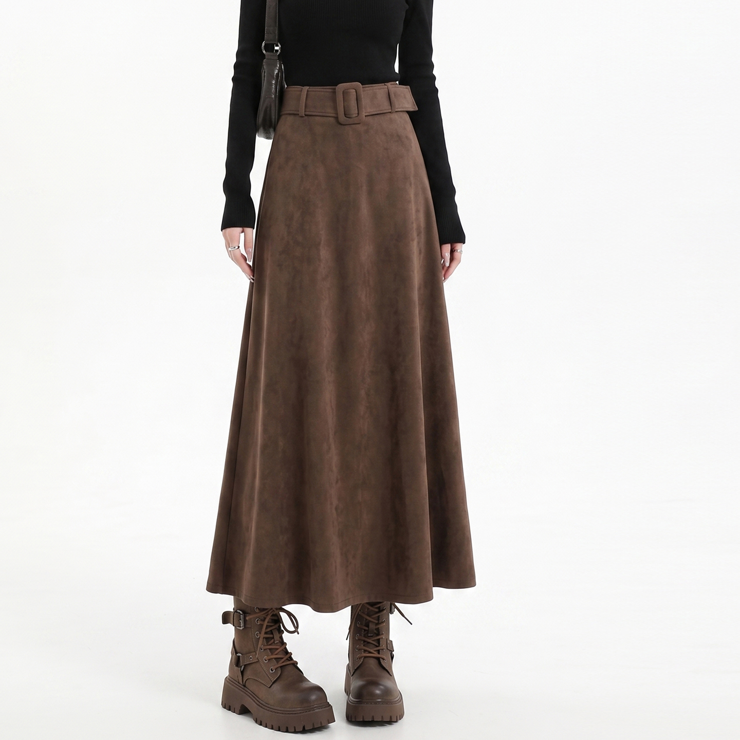 Minimalist High Waist Brown Suede A-Line Midi Skirt for Women 2026 Fall New Versatile Long Skirt with Belt - Image 2