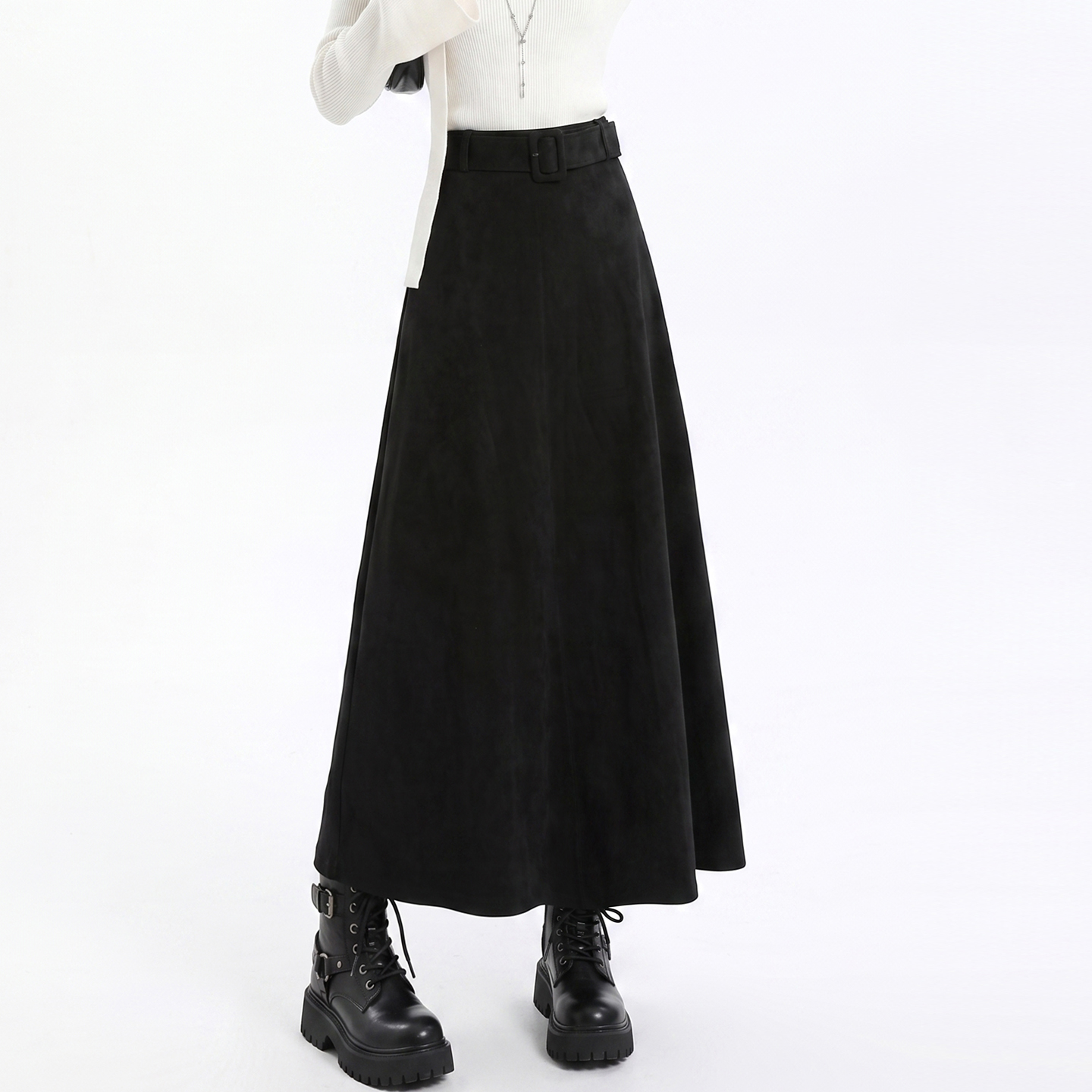 Minimalist High Waist Brown Suede A-Line Midi Skirt for Women 2026 Fall New Versatile Long Skirt with Belt - Image 3