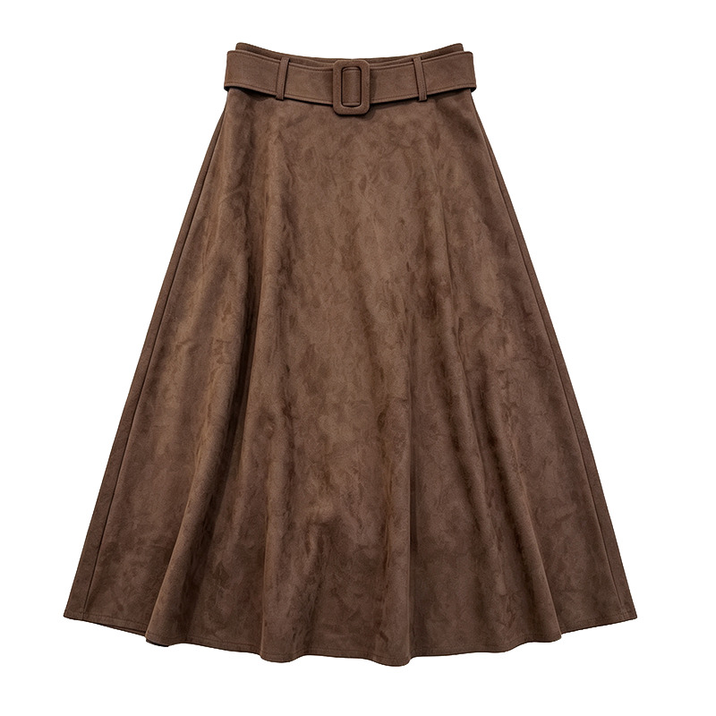 Minimalist High Waist Brown Suede A-Line Midi Skirt for Women 2026 Fall New Versatile Long Skirt with Belt - Image 5