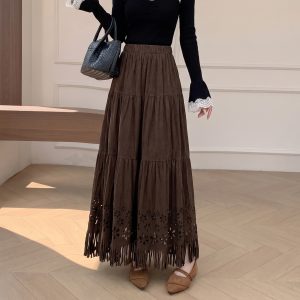 2026 Autumn New Hollow-Out A-Line Casual Skirt for Women Elastic Waist Pleated Fringe Lace Trim Midi Skirt