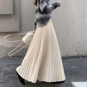 Women's Pleated A-Line Maxi Skirt 2026 Autumn High Waist Solid