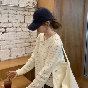 Korean Style Apricot Open Front Hollow Out Knit Cardigan Women Autumn Loose Lazy Style Sweater Outerwear Long Sleeve Top