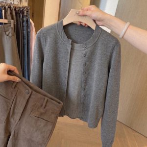 Women's Faux Two-Piece Knit Cardigan Sweater Korean Lazy Style Color Block Top