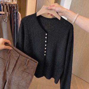 V-Neck Button Cardigan Long Sleeve Pullover Women's Fall New Casual Versatile Top