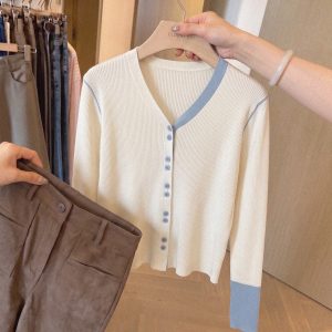 Women's Contrast Color Knit Cardigan Sweater Korean Style Soft Versatile Top