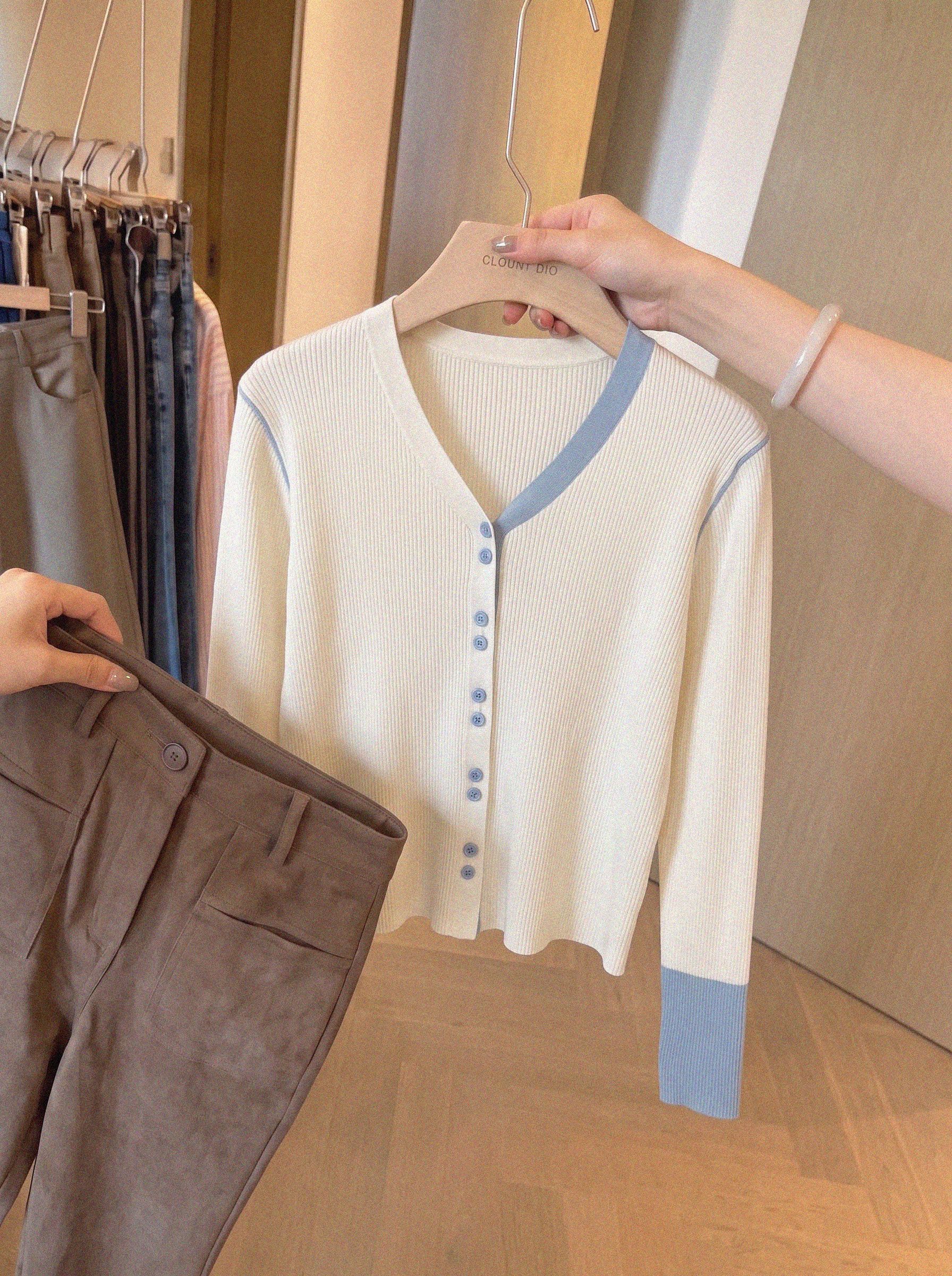 Women's Contrast Color Knit Cardigan Sweater Korean Style Soft Versatile Top