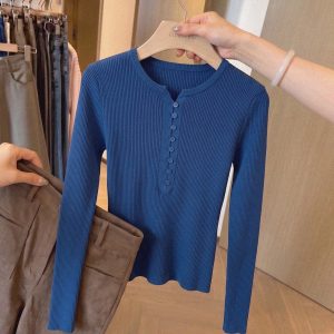 Elegant Light Mature Early Autumn Blue V Neck Slim Fit Base Layer Women's Inner Wear High End Sweater Long Sleeve Knit Top