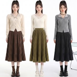 Suede-Feel Tiered Pleated Midi Skirt for Women Autumn 2026 A-Line Umbrella Skirt