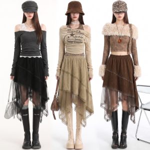 Vintage Brown Suede Lace Trim Asymmetric Hem Mesh Skirt with Elastic Waist
