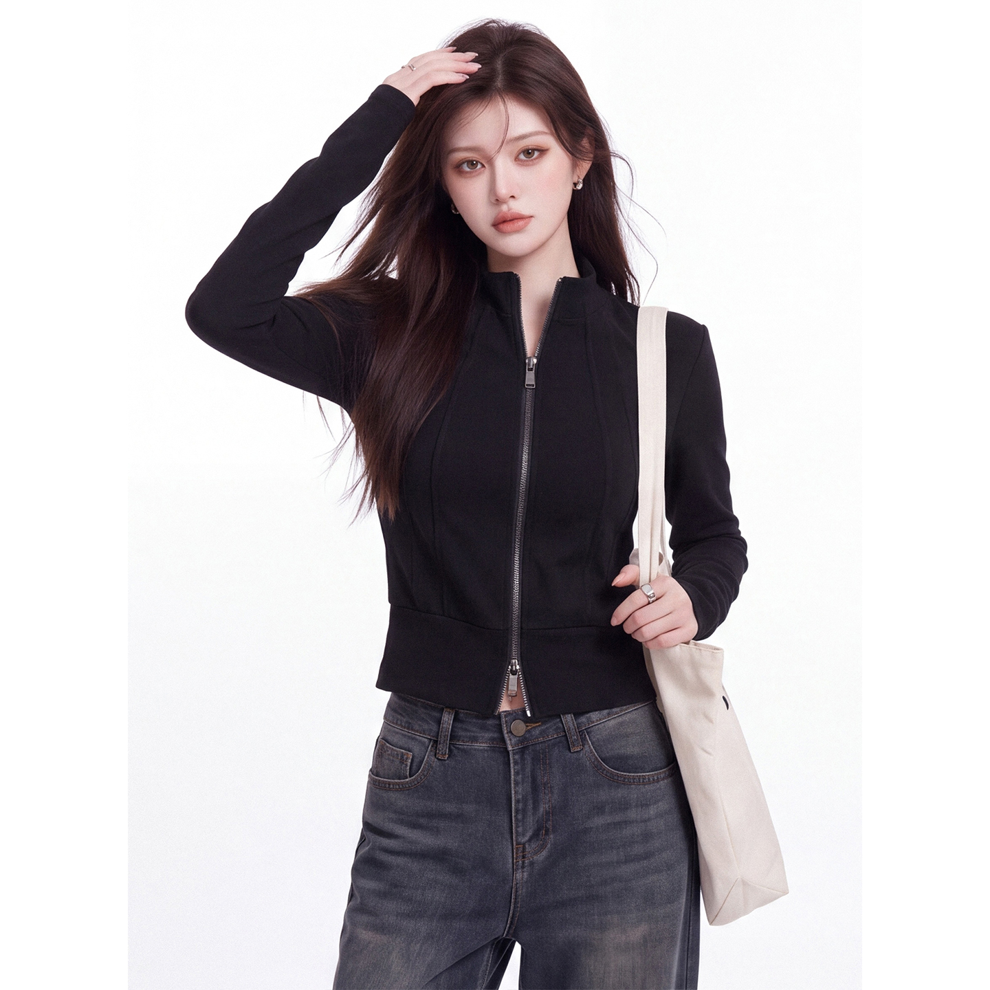 Solid Color Stand Collar Two-Way Zip Short Slim Fit Long Sleeve T-Shirt for Women Fall New - Image 4
