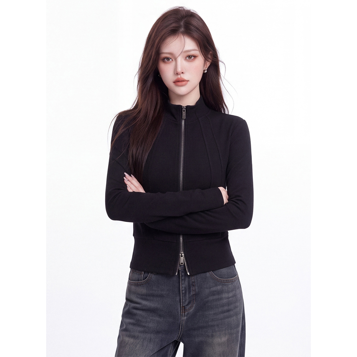 Solid Color Stand Collar Two-Way Zip Short Slim Fit Long Sleeve T-Shirt for Women Fall New - Image 5