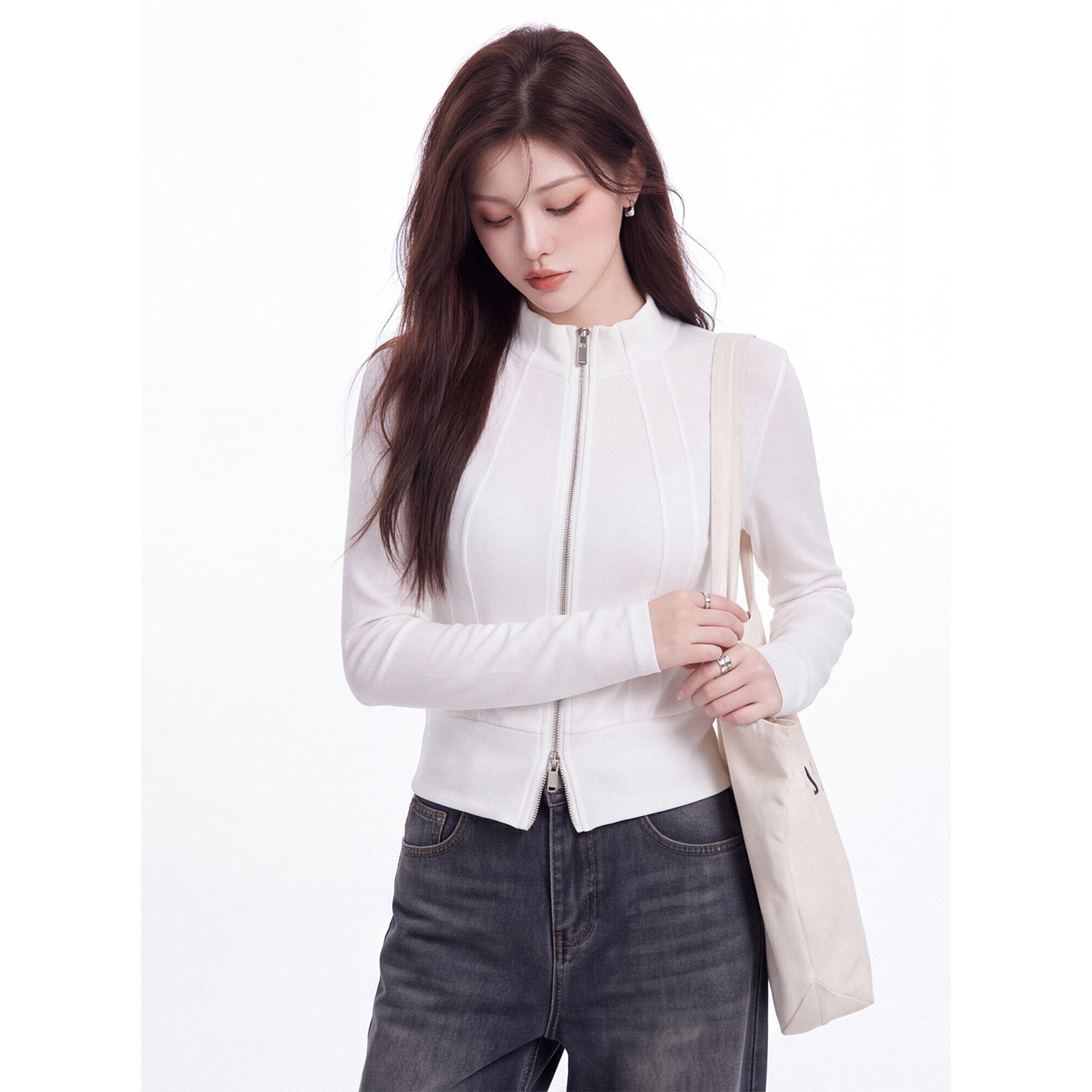 Solid Color Stand Collar Two-Way Zip Short Slim Fit Long Sleeve T-Shirt for Women Fall New - Image 3