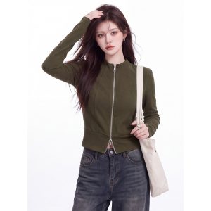 Solid Color Stand Collar Two-Way Zip Short Slim Fit Long Sleeve T-Shirt for Women Fall New