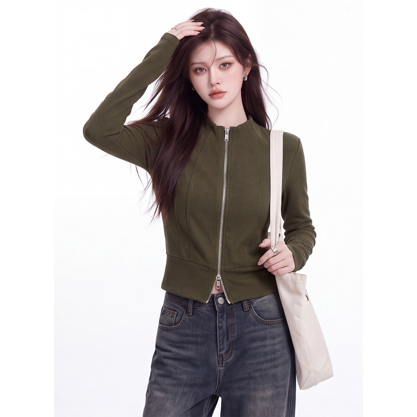 Solid Color Stand Collar Two-Way Zip Short Slim Fit Long Sleeve T-Shirt for Women Fall New
