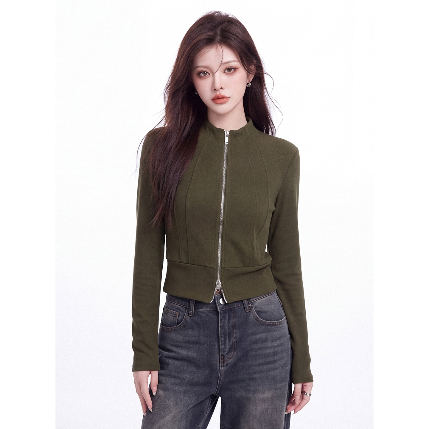 Solid Color Stand Collar Two-Way Zip Short Slim Fit Long Sleeve T-Shirt for Women Fall New - Image 2