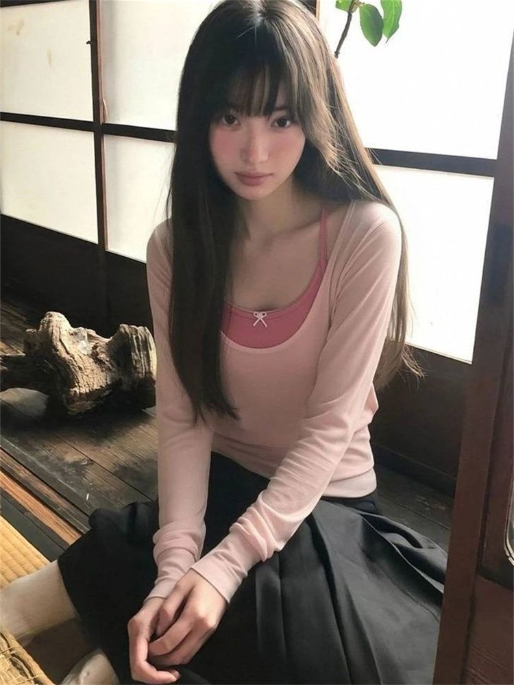 Women's Summer Two-Piece Set with Long Sleeve T-Shirt and Pink Cami - Image 2