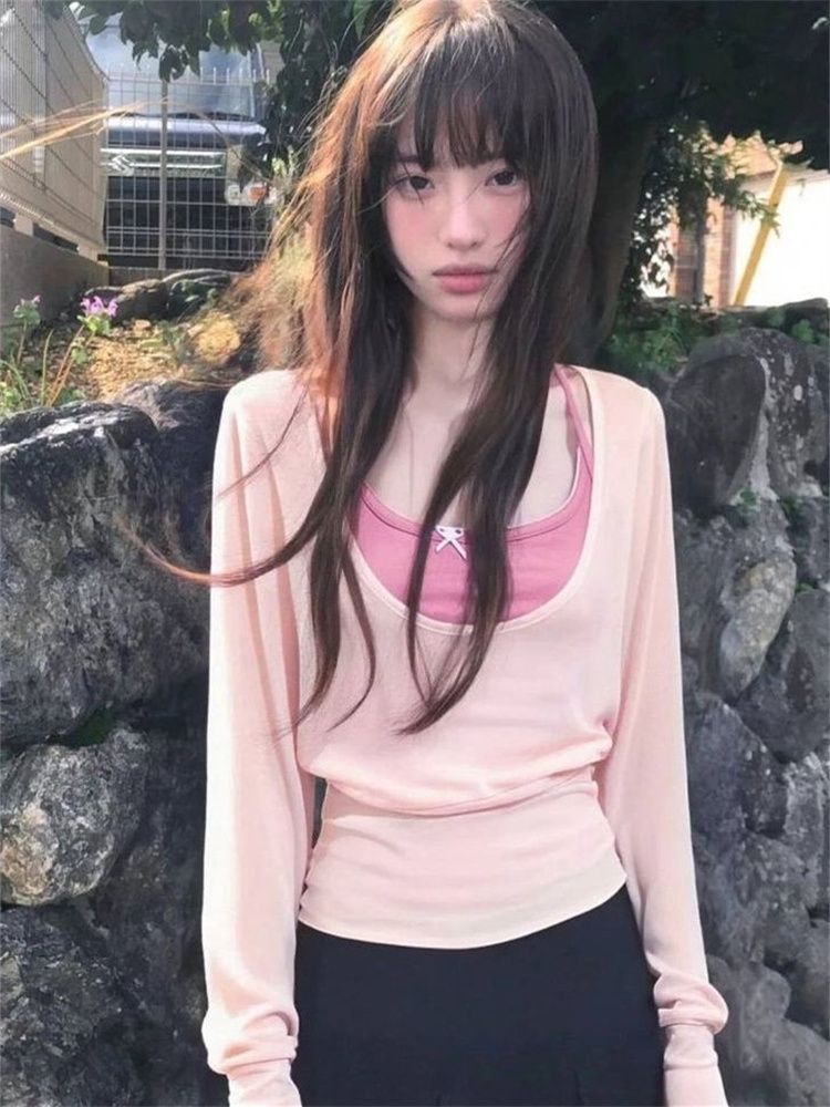 Women's Summer Two-Piece Set with Long Sleeve T-Shirt and Pink Cami - Image 3