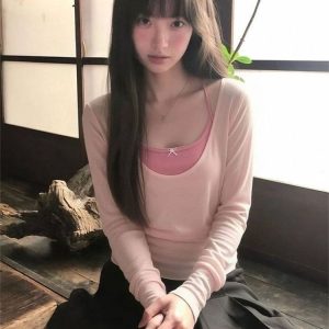 Women's Summer Two-Piece Set with Long Sleeve T-Shirt and Pink Cami