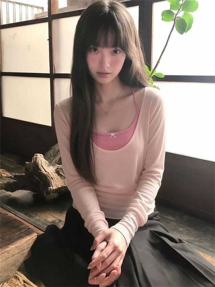 Women's Summer Two-Piece Set with Long Sleeve T-Shirt and Pink Cami