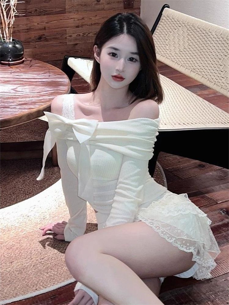 Women's Off-Shoulder Slim Fit Long Sleeve T-Shirt with Bow - Image 3