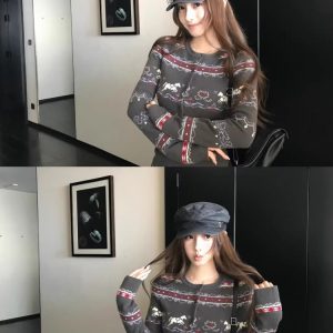 Fair Isle Jacquard Knit Cardigan Sweater Set with Cami Women Korean Style Two-Piece Autumn Winter