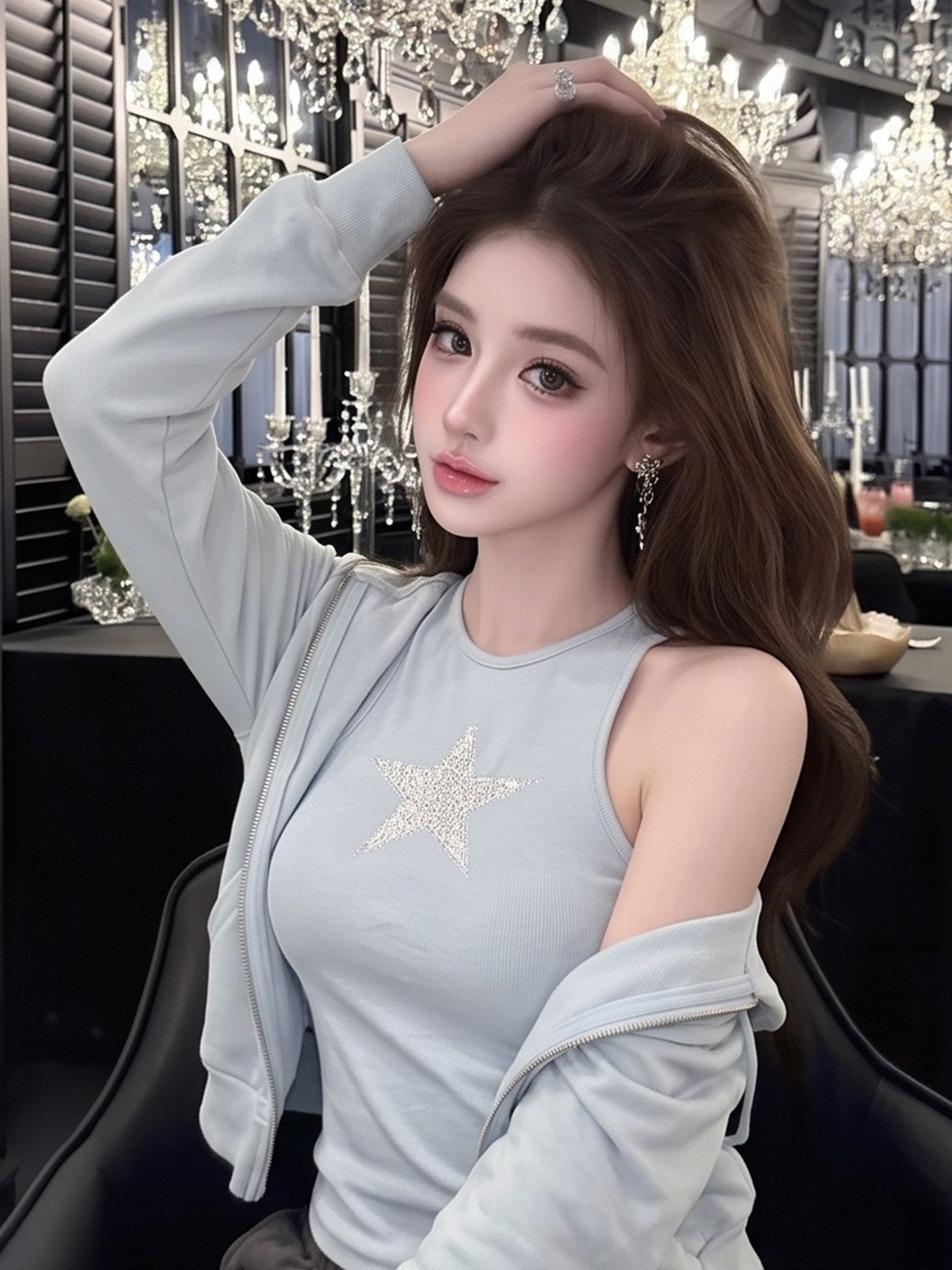 Women's Star Print Hooded Zip Cardigan Vest Two-Piece Set - Image 4