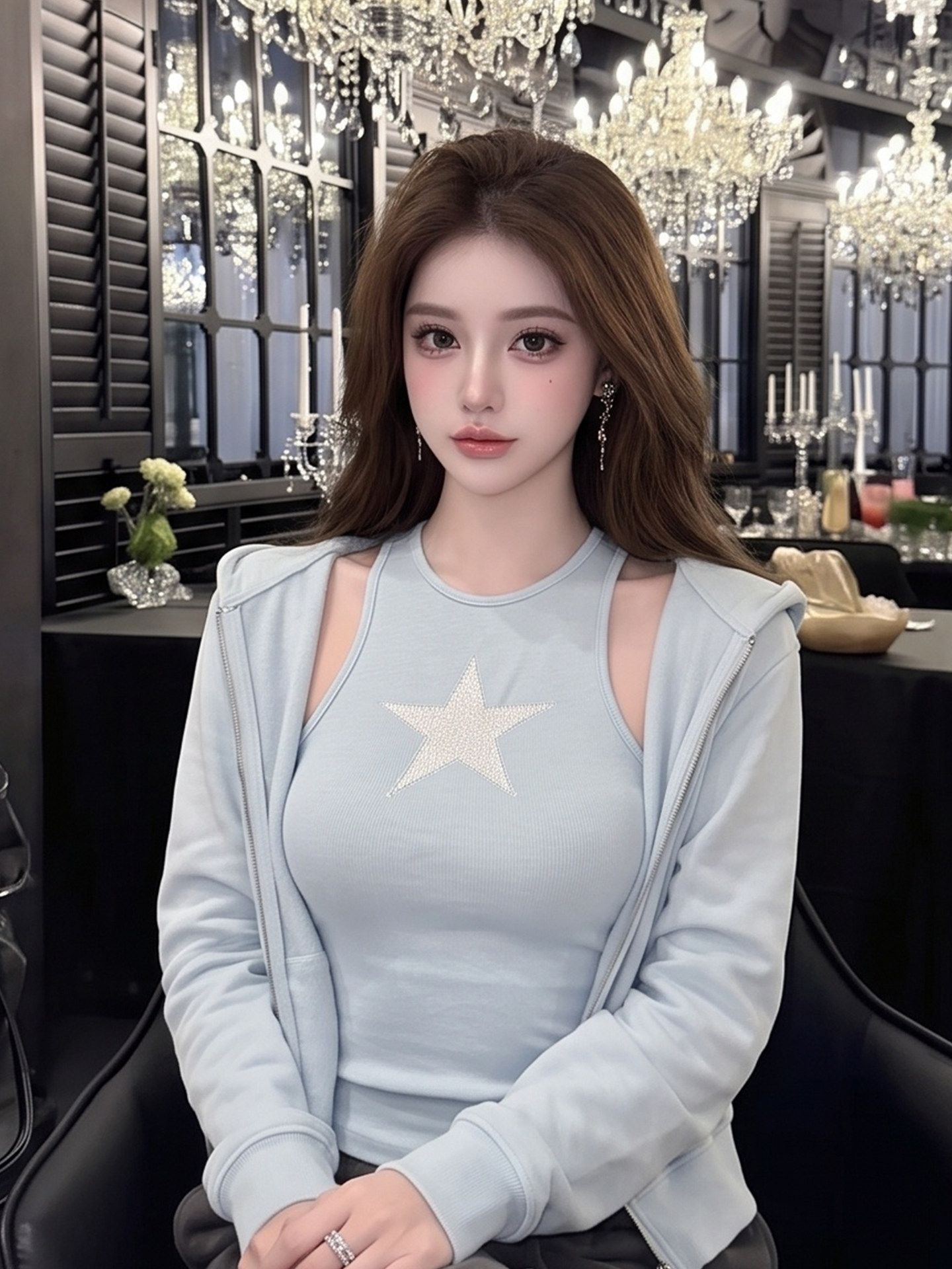Women's Star Print Hooded Zip Cardigan Vest Two-Piece Set