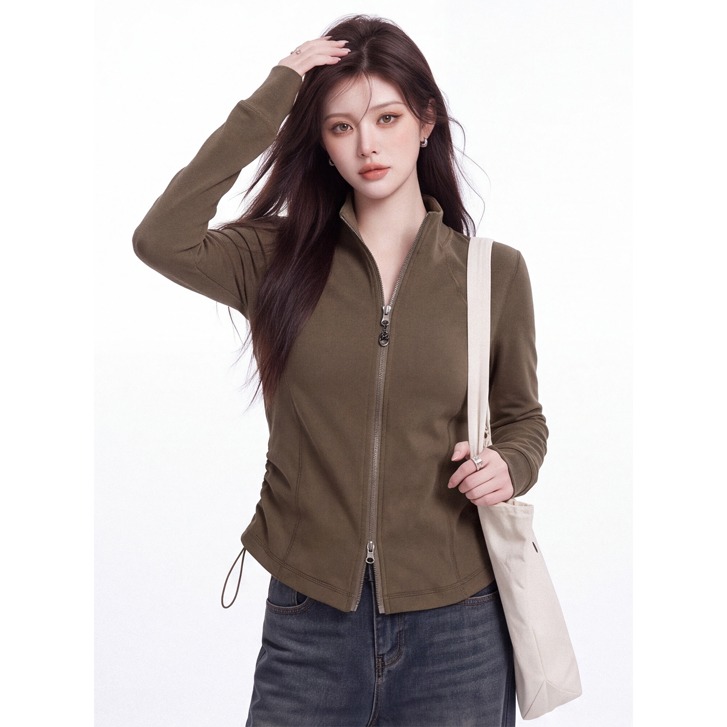 Klein Blue Stand Collar Double Zip Cardigan T-Shirt Women Early Autumn Drawstring Waist Jacket