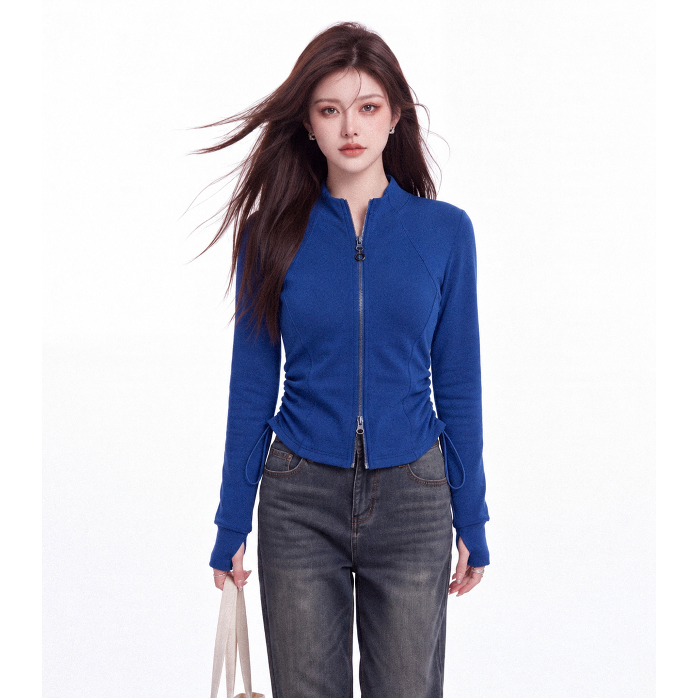 Klein Blue Stand Collar Double Zip Cardigan T-Shirt Women Early Autumn Drawstring Waist Jacket - Image 3