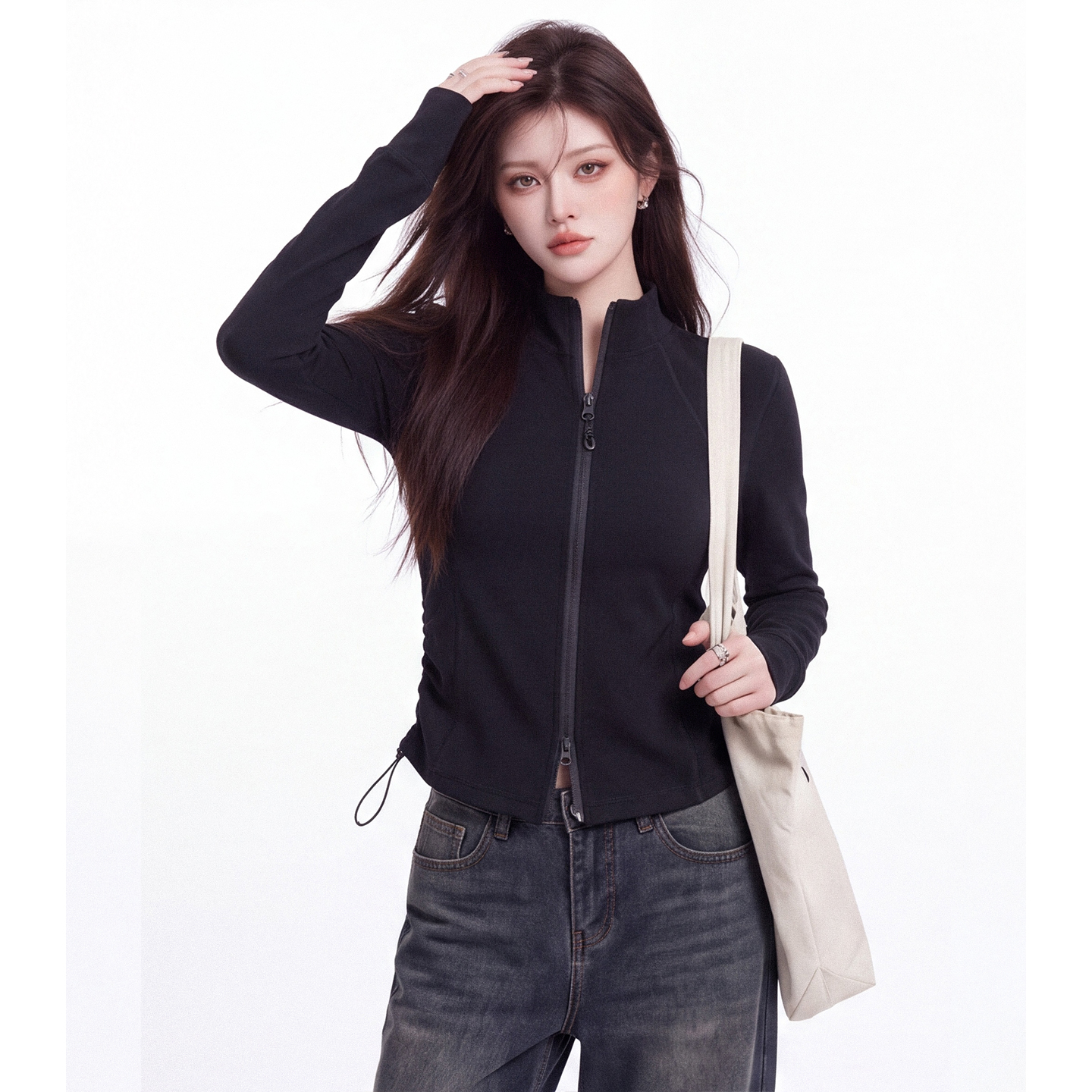 Klein Blue Stand Collar Double Zip Cardigan T-Shirt Women Early Autumn Drawstring Waist Jacket - Image 4