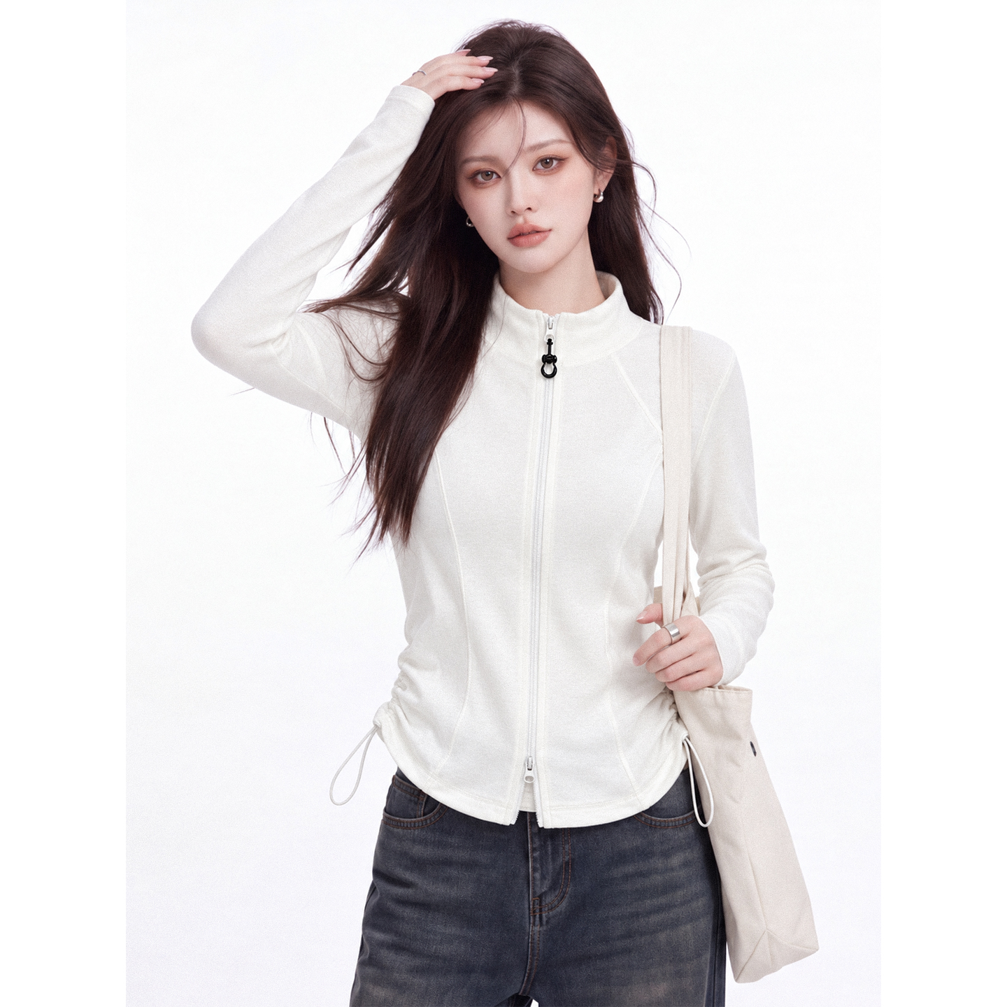 Klein Blue Stand Collar Double Zip Cardigan T-Shirt Women Early Autumn Drawstring Waist Jacket - Image 5